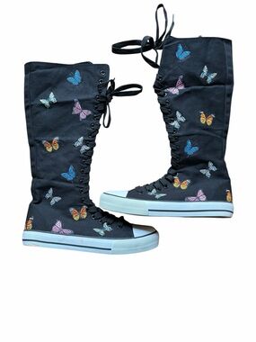 Butterfly-Embroidered Lace-Up Canvas Knee High Sneakers Black Sz9